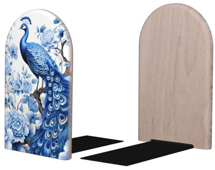 Mexpekil Buchstützen aus Holz mit blauem Pfauenmuster, für Regale, robuster Buchhalter, Organizer, rutschfester Buchstopper für Schreibtisch, Büro, Bibliothek für Leser, 1 Paar