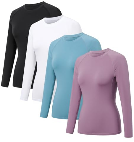 HYCOPROT Pack de 4 Hauts de Compression Femme Manches Longues Séchage Rapide Respirant sans Coutures Couche Base Layer Top Sport Tshirt pour Gym Fitness Yoga Running Randonnée Trekking Outdoor