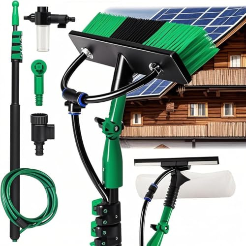 Izrielar Cepillo de lavado telescópico, 3,6 m con mango telescópico, juego profesional de cepillo telescópico con conexión de agua, limpieza de ventanas y sistemas fotovoltaicos, cepillo telescópico