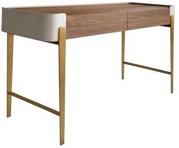 Angel CERDÁ – Escritorio con 2 Cajones – Diseño Moderno – 140 x 62 x 76 cm – Estructura de Madera chapada en Nogal Natural, Madera MDF lacada en Color Beige y Detalles en Acero Pulido Dorado