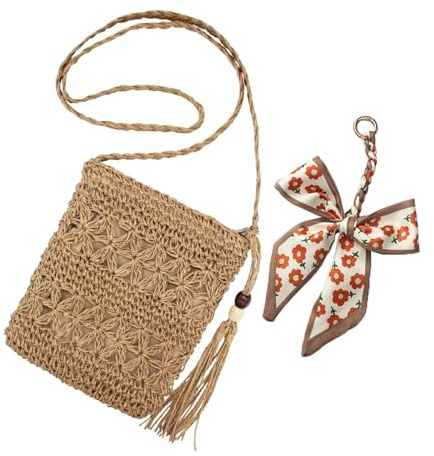 Khaki Straw Bag for Women, Small Summer Beach Crossbody Bag with Tassel Bow tie pendant, Bohemian Handmade Shoulder Purse with Zipper for Holiday Beach Travel