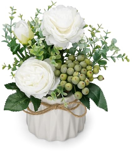 FreeBiz Artificial Flowers in Ceramic Vase White Roses Faux Silk Plants in Pots for Home Decor Indoor Decorative White Fake Flowers Arrangement Decorations for Table Wedding Party Office Home Decor