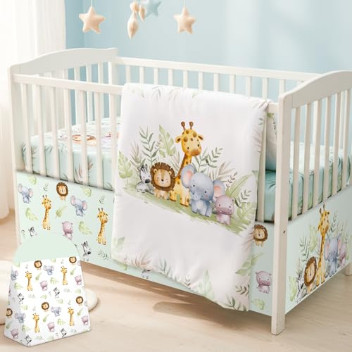 Hahafelt 4 Pieces Baby Crib Bedding Set for Girls and Boys, Soft Baby Bedding Set Including Crib Skirt, Comforter, Sheet and Diaper Stacker for Nursery (Wildlife Theme)