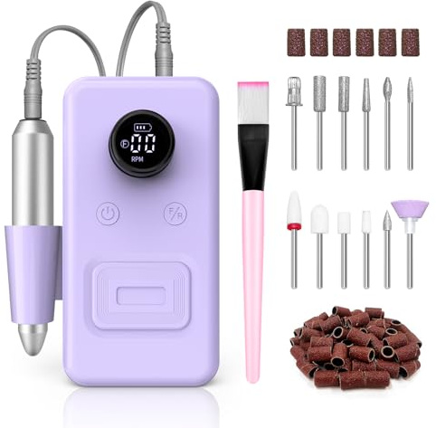 COPPA Nagelfräser, NDK106 Professionell Elektrische Nagelfräser Set mit 12 Bits 31 Schleifbändern, 45000RPM Verstellbare Geschwindigkei für Polieren und Entfernen von Acryl-Gel-Nägel, Hause & Salon
