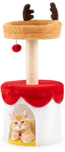 COSTWAY Árbol de Navidad para Gatos, 80 cm Torre Gatos Navideño con Rascador de Sisal, Pelota Colgante, Cojín Suave, Acolchado Felpa, Rascador Gato en Forma de Reno con Cama para Decoración Navideña