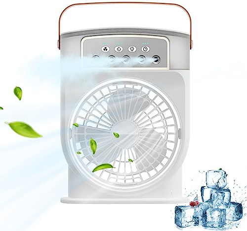 Portable Air Cooler Evaporative Fan with 3 Wind Speed Quiet Mini AC Unit Desk Fan with Mist and Night Light USB Rechargeable Humidifier Cooling with 600ML Water Tank White