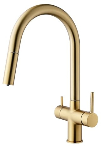 Grifo Cocina Tres Vias Extraible Oro Cepillado Giratorio a 360° Latón Grifo Fregadero 3 Vias Osmosis-Oro Cepillado