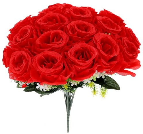 Sewroro Bouquet Artificiel de Roses 18 Têtes en Soie Plastique Rouge | Fleurs Commémoratives, pour Cimetière et Composition de Fleur, Entretien Facile, Solide Faner