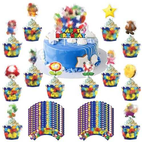 49 Stück Kinder Tortendeko Set: Happy Birthday Topper & Cartoon Figuren Cake Topper & Cupcake Wrappers, Kuchen Deko Geburtstag, Torten Deko für Kindergeburtstag Party, Theme Party Tortendeko13