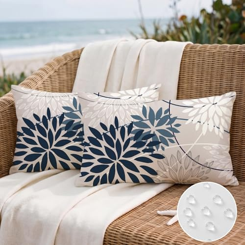 Artscope Outdoor Waterproof Dark Blue White Cushion Covers Geometric 30x50cm Set of 2 Dahlia Floral Pillowcases Outdoor Flowers Pillow Covers for Patio Garden Bench Sofa Farmhouse Decor