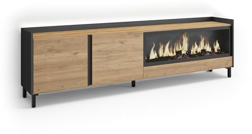 Skraut Home | Mueble TV | Muebles de salón, almacenaje | 212x61x35 cm | para televisión hasta 80 | Chimenea eléctrica XXL | Diseño Industrial | LED | Estilo Moderno | Roble y Negro