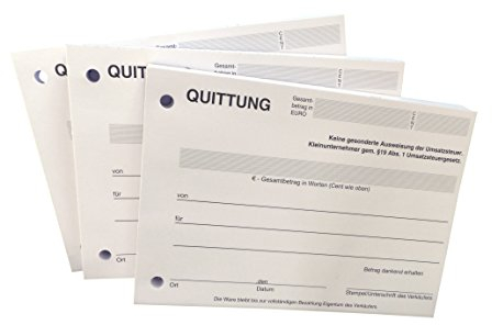 Druckerei Scharlau 3x Block Quittung - Quittungsblock für Kleinunternehmer (§19) - 100 Blatt DIN A6 - gelocht - NICHT durchschreibend (22426)