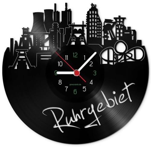 GRAVURZEILE Schallplattenuhr - Skyline Ruhrgebiet - Wanduhr aus gegossenem Vinyl mit Stadt Skyline 30 cm - Upcycling Design-Uhr Wand-Deko Vintage Wand-Dekoration Retro-Uhr - Made in Germany