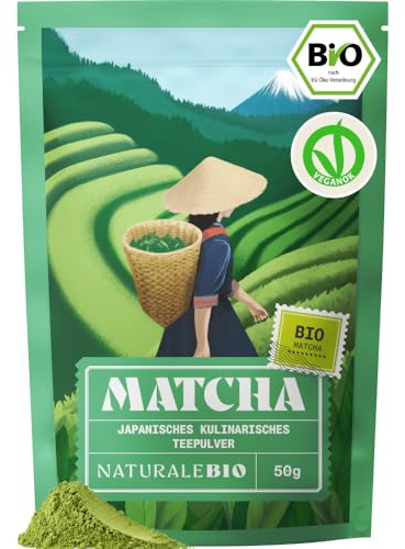 NaturaleBio Matcha Japonais Bio en Poudre Pâtisserie Couleur Vive | 50 g. Poudre de matcha vert vif pour pâtisserie, smoothies, lattes, desserts et recettes.
