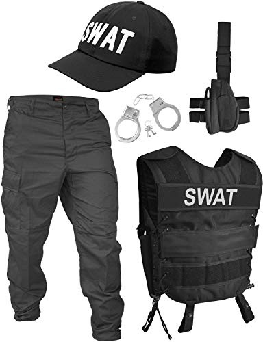 normani Faschingskostümset SWAT Set mit Weste, Rangerhose, Cap, Handschellen und Holster Schwarz XL/Rechts