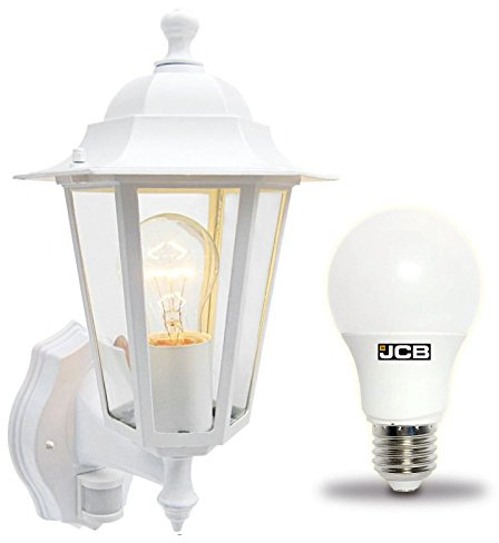 Traditional 6 Sided Garden/Porch Outdoor Coach Wall Lantern IP44 (White 6 Sided + Motion Sensor + LED)