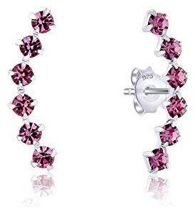 DTPsilver® Kleine Ohrringe 925 Sterling Silber - Gebogene Glitzernde Österreichischer Kristalle Ohrstecker - Maße: 4 x 19 mm - Farbe : Fuchsie