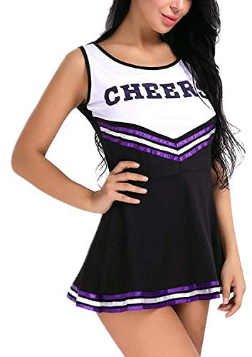 ZTie Damen Mädchen Cheerleader Kostüm Uniform Karneval Fasching Party Halloween Cosplay Kostüm Kleid Cheerleading Bekleidung Kleid (Schwarz, L)