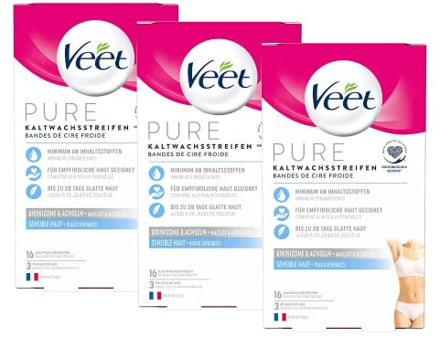 Kaltwachsstreifen 3er Pack Bikini und Achseln für einfache Haarentfernung auch bei sehr kurzen Haaren Veet Kaltwachsstreifen Bikini & Achseln 3x16 Stück