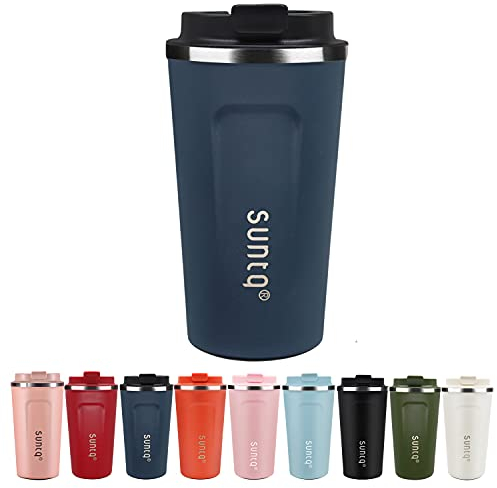 SUNTQ Reusable Coffee Cups Travel - Coffee Travel Mug with Leakproof Lid - Thermal Mug Insulated Cup - Stainless Steel Travel Cup with Rubber Grip - for Hot and Cold Drinks (Dark Blue, 18oz/510ml)