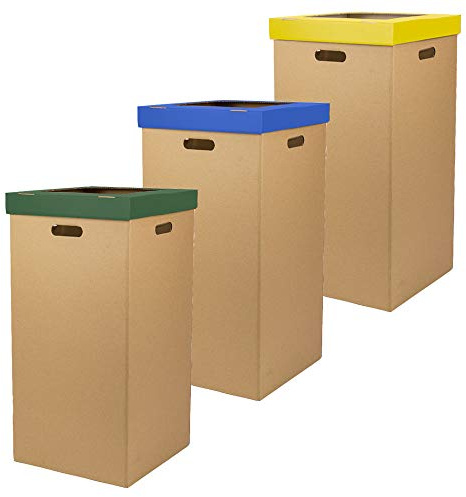 KARTOX Only Boxes Papierkorb aus Karton, mit Deckel, Maße 34,2 x 34,2 x 68 cm, 3 Stück, Grün, Blau und Gelb