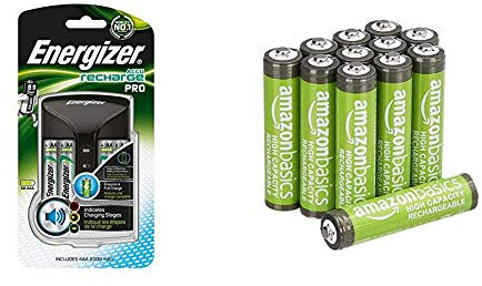 Energizer Chargeur Piles Rechargeables, pour AA et AAA Piles (4 Piles AA Incluses) & Amazon Basics Piles Rechargeables AAA Haute capacité 850 mAh (Lot de 12) - Pré-chargées