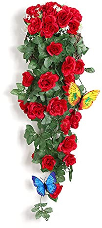 Künstliche Rosen zum Aufhängen an der Wand – Kunstseide, Rosen, Hängegirlande, Rattan, Efeu, künstliche Pflanzen, künstliche Blumen für drinnen und draußen, zum Aufhängen, Dekoration, Rot, 2 Stück