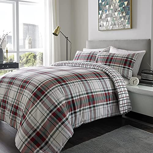 ED Flannelette Printed Duvet Cover Set | 100% Brushed Cotton Flannel Fleece | Reversible Bedding Quilt With Pillowcases (Wine & Green Tartan Check, King)