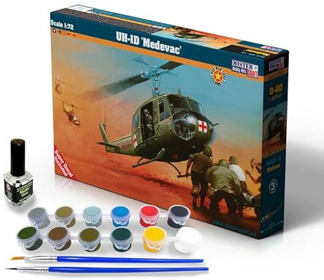 Mistercraft Modellbausatz UH-1D Medevac Hubschrauber Maßstab 1:72, Plastikbausatz, Bausatz zum Zusammenbauen, Inklusive Klebstoff, Kunststoffmodell, Bauanleitung, Set mit Farben, 238mmx140mm