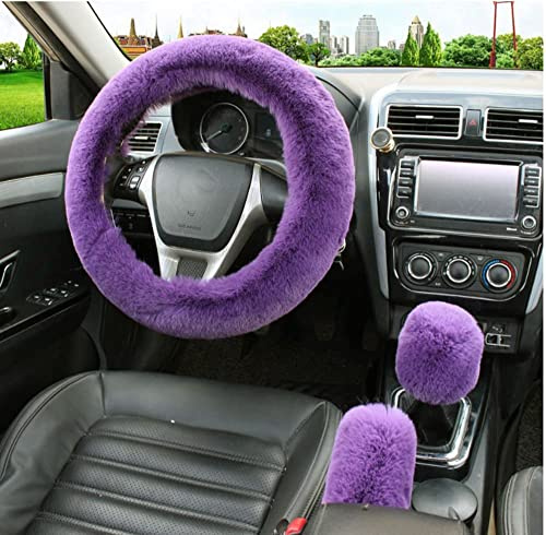 3 Stück Auto Lenkradhüllen,Universal Anti Rutsch Winter Fell Lenkradabdeckung Warme Plüsch Lenkrad Abdeckung Lenkradschoner Auto Zubehör Lenkradbezug Handbremse Getriebe Abdeckung Set,36-39cm Lila