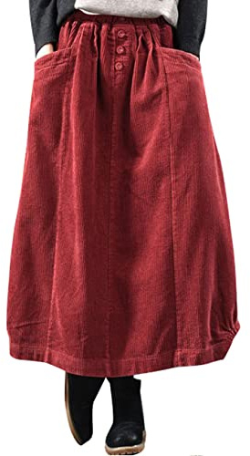 Bigassets Mujer Vintage Largo hasta el Tobillo Faldas de Pana con Cintura elástica Red