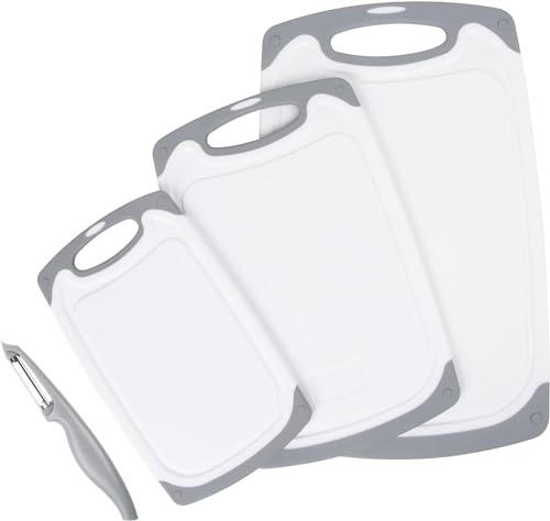 Albert Austin Plastic Cutting Board Set of 3 with Peeler Kitchen Dishwasher Safe Anti Slip Chopping Board with Hanging Hole Handle Juice Groove Large Medium Small BPA Free Board for Vegetable Meat