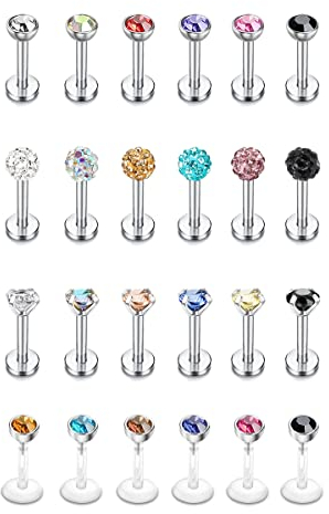 LOLIAS 24 Stück 16G Chirurgenstahl Lippenpiercing für Damen Herren 3mm CZ Labret Piercing Tragus Monroe Medusa Piercing Lippe Ring Cartilage Helix Piercings Schmuck