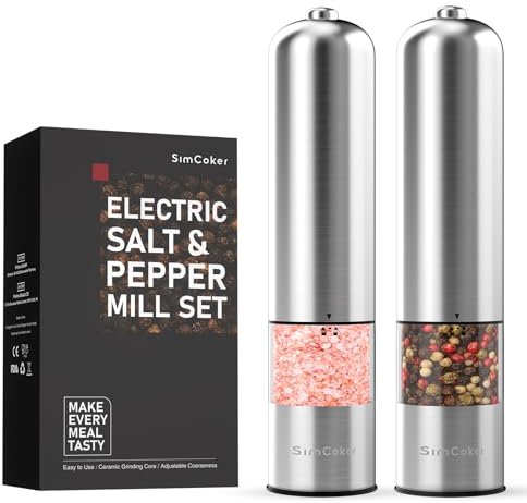 SimCoker Electric Pepper and Salt Grinder Set,Battery Powered Adjustable Coarseness,Pepper Grinder Mills,Automatic Grinding for BBQ Resturant Kitchen