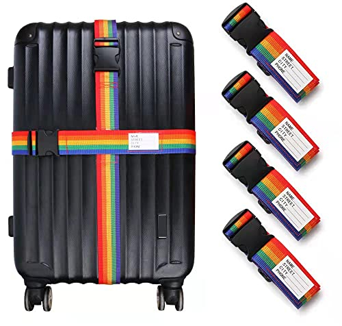 4 Stück Regenbogen Verstellbare Koffer Gepäckgurte(200cm x 5cm),Strapazierfähig Gepäckgurte für Koffer Namensschild,Personalisiert Koffergurte Set Kofferband Gepäckband Gepäckriemen(Regenbogen)