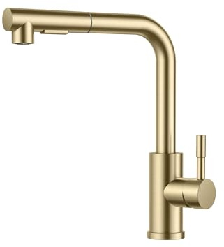 FORIOUS Wasserhahn Küche, Hochdruck Küchenarmatur mit Brause Ausziehbar Armatur, Mischbatterie Spültischarmatur Küche küchenarmaturen, 360° Schwenkbar Zwei Sprühfunktionen，Gebürstetes Gold