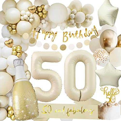 50 Geburtstag Deko Frauen Männer, Geburtstagsdeko 50, Beige Gold Ballon Deko mit Happy Birthday Girlande, Luftballons für 50. Geburtstag Dekorationen
