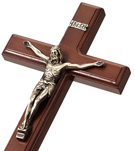 ARCHOBAN Kors väggkors katolisk, 30 cm träkors väggdekor – brun + antik mässing