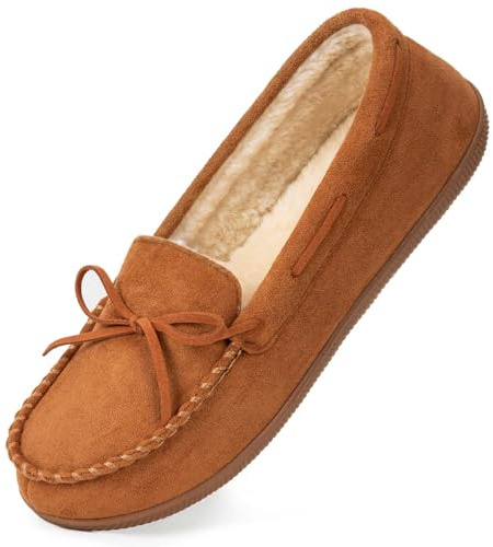 HomeTop Women's Moccasins House Slippers Memory Foam Soft Faux Fur Indoor Outdoor Shoes for Ladies Chestnut,9 US