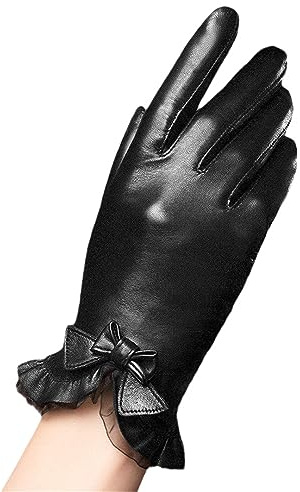 Gants En Peau De Mouton Pour Femmes, À La Mode, Avec Nœud En Dentelle, En Cuir Solide, Pour Conduite D'hiver, Garde Au Chaud Black M