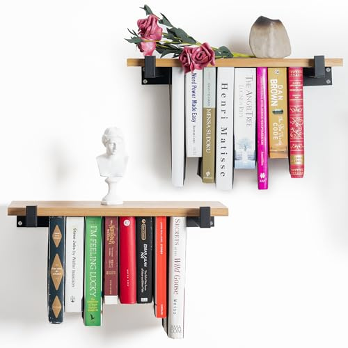 VEBAVO Schwebende Bücherregale, 2er-Set, doppelte Aufbewahrung, einzigartiges Wand-Bücherregal, Naturholz & Metallhalterungen, Wandhalterung, platzsparendes hängendes Bücherregal, 16,5 x 6,7 cm (B x T