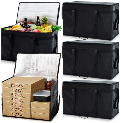 Maxcheck 6 Pcs Insulated Bags for Food Delivery XXXL Large Capacity Hot Grocery Tote Bag Reusable Warming Pizza Catering Carrier for Commercial Travel Lunch Shopping Gifts (Black)