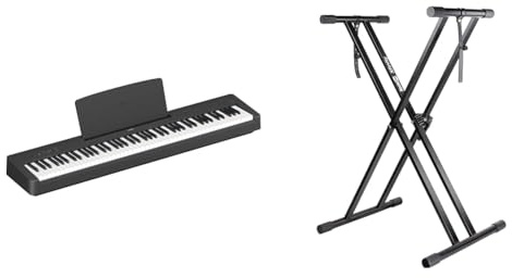 Yamaha P-145 digitalt piano med 88 anslagskänsliga GHC (Graded Hammer Compact) tangenter och 10 instrumentljud, lätt och bärbar design & RockJam Xfinity Tangentbordshållare med dubbla förstärkningar