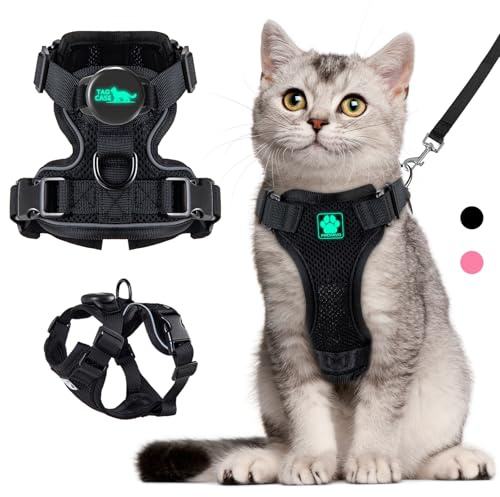 Cat Harness and Leash for Walking,Airtag Cat Harness and Leash Set with Integrated Hidden type Air Tag Holder,Escape Proof Reflective Adjustable Vest Harnesses with Apple Air Tag Case for Cats,Puppies