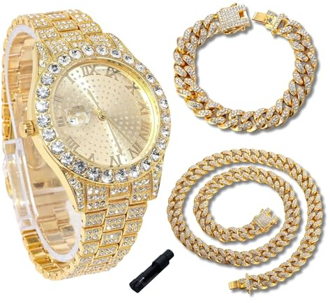 genkigold Diamantklocka för tonårspojkar - rund urtavla 43 mm romerska siffror - äkta guldpläterad 18K/platina-armband 20,5 cm - justeringsverktyg ingår, kan kombineras med kubansk kedja