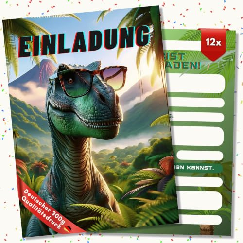 HIDEBLOOM Dino Einladungskarten Kindergeburtstag Junge - 12 Stück - DIN A6 (10,5 cm x 14,8 cm) - Einladung Geburtstag - Geburtstagseinladungen Dinosaurier Sonnenbrille