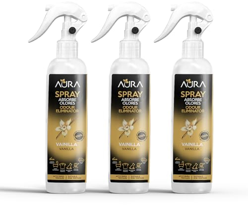 AURA| Pack 3 Aerosol Ambientador Spray Pulverizador Absorbe Malos Olores | Para Casa, Cocina, Baño, Coche | | Apto para Textiles |3x250ml | No Contiene Gas (PACK 3, Vainilla)
