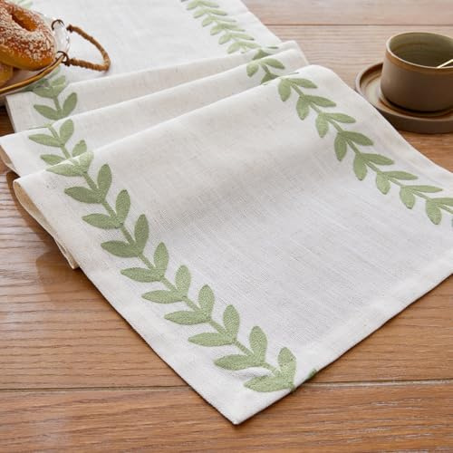 Wracra Linen Embroidered Table Runner, Irregular Willow Leaf Table Runners 90cm Long, Rustic Farmhouse Table Runner for Dining Holiday Parties and Everyday Use(Light Sage Green, 90cm)