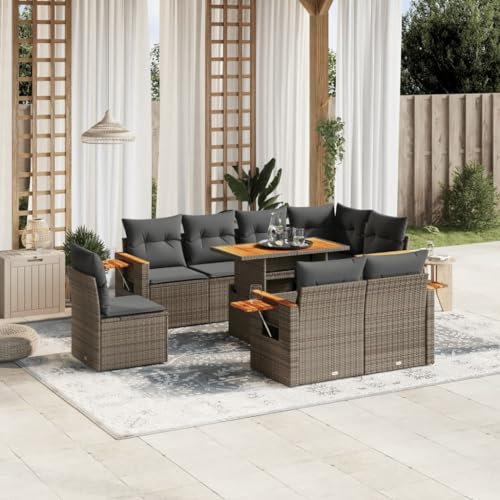 THOYTOUI 9-TLG. Garten-Sofagarnitur, Gartenmöbel Set Lounge Garten möbel Garden Furniture Sets Gartengarnitur Set Geeignet für Veranda Terrasse Garten Balkon mit Kissen Grau Poly Rattan
