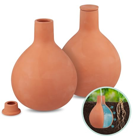Relaxdays Ollas de Riego, 1,5 l, Pack de 2, Arcilla, Sistema Autoriego, Huerto e Invernadero, Regar Plantas, Terracota